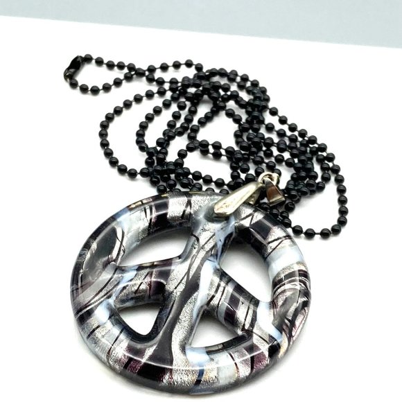Dichroic Art Glass Peace Sign Pendant, Black White and Silver Swirl on Black - Picture 2 of 7